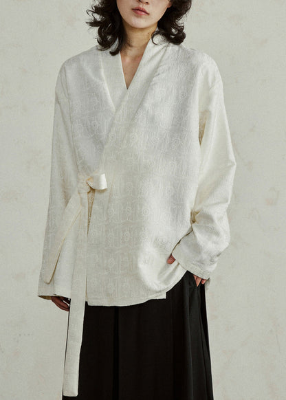 Jacquard Beige V Neck Top Long Sleeve
