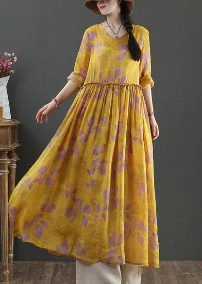 Natural Yellow Print Linen Cinched Summer Dress