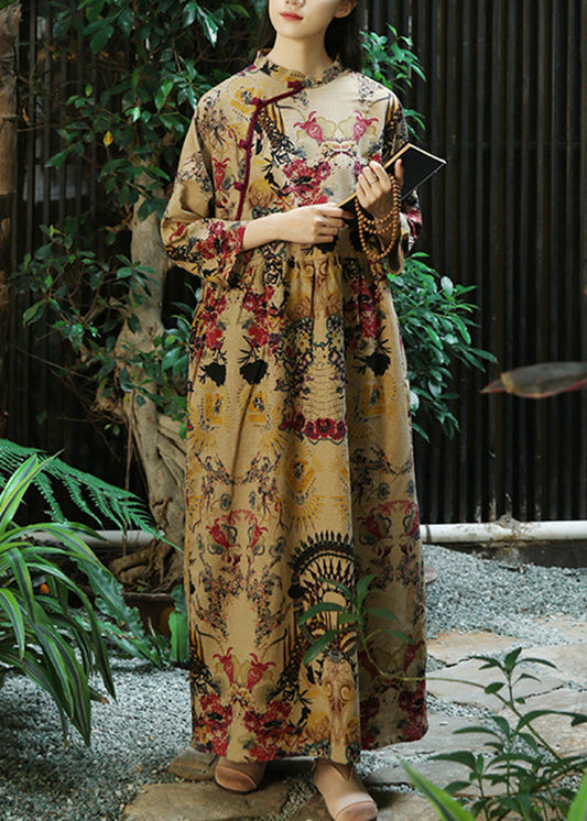 Khaki Button Print Patchwork Cotton Long Dresses Fall