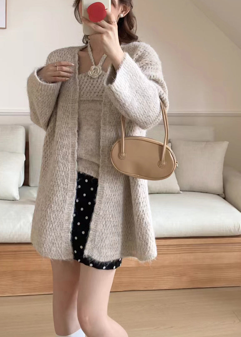 Fine Beige Oversized Knit Halter Two Pieces Set Winter