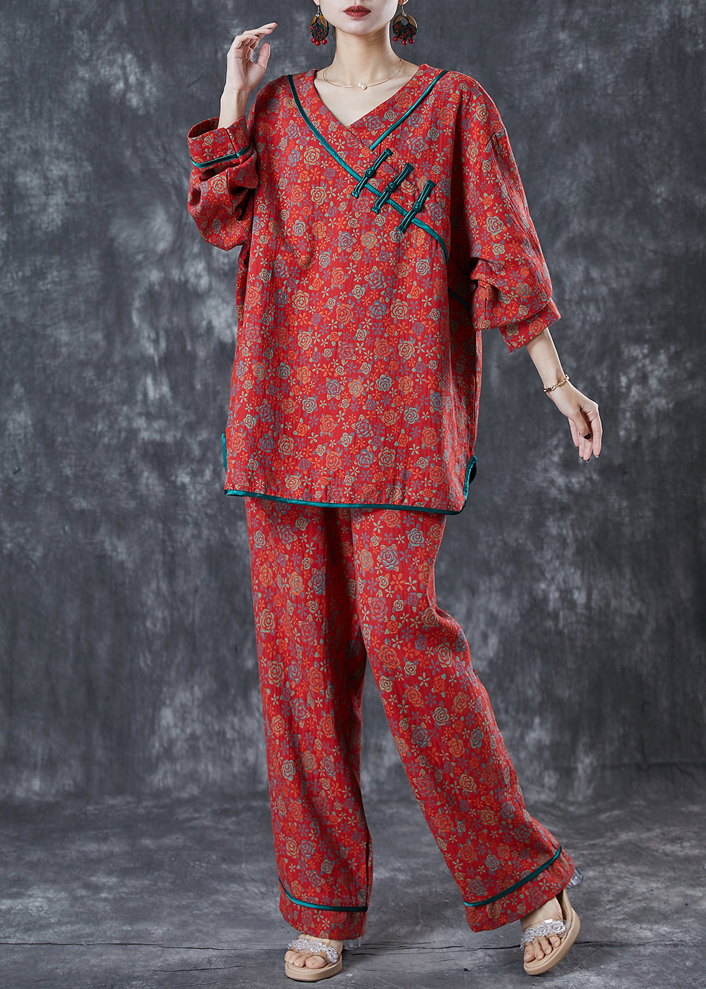 Italian Red Print Chinese Button Cotton Two-piece Set Spring