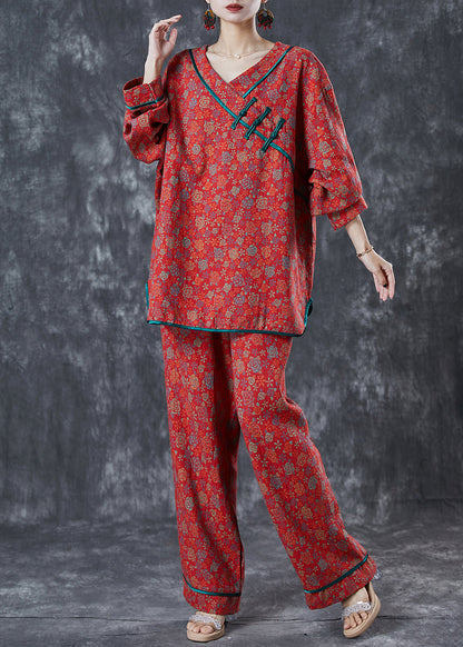 Italian Red Print Chinese Button Cotton Two-piece Set Spring