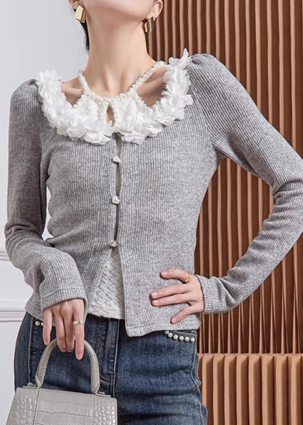 Grey V Neck Cotton Knit Cardigans Fall