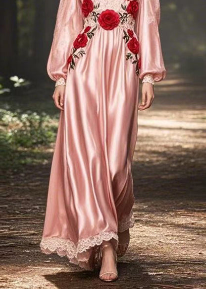 Novelty Pink V Neck Patchwork Silk Long Dress Spring