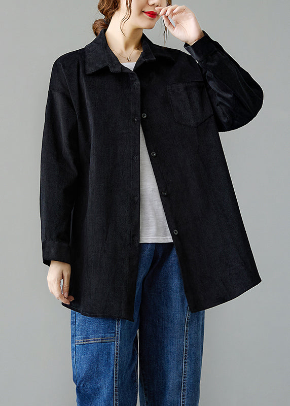Black Peter Pan Collar Pockets Patchwork Corduroy Coats Fall