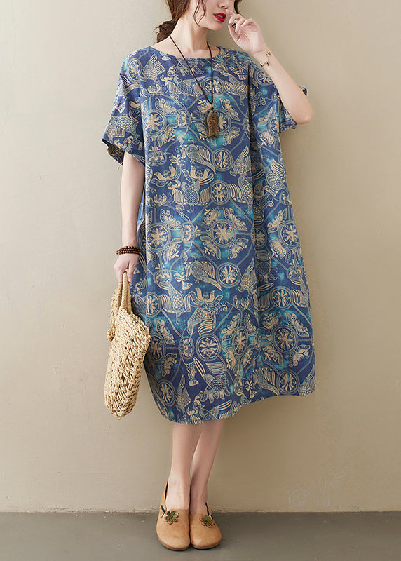Original Design Blue O-neck Print Cotton Loose Dress Short Sleeve