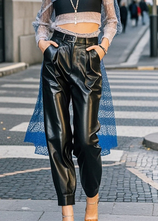 French Black Oversized Pockets Faux Leather Pants Spring