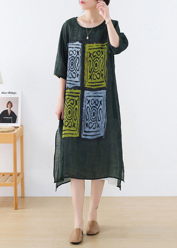 Green O-neck Side Open Print Linen Long Dresses Half Sleeve