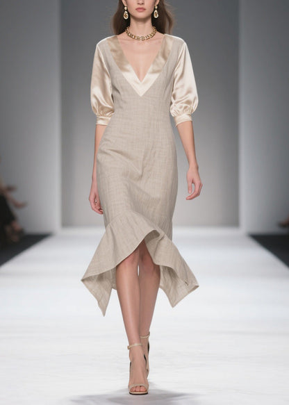 Simple Style V Neck Patchwork Linen Silk Dress Summer