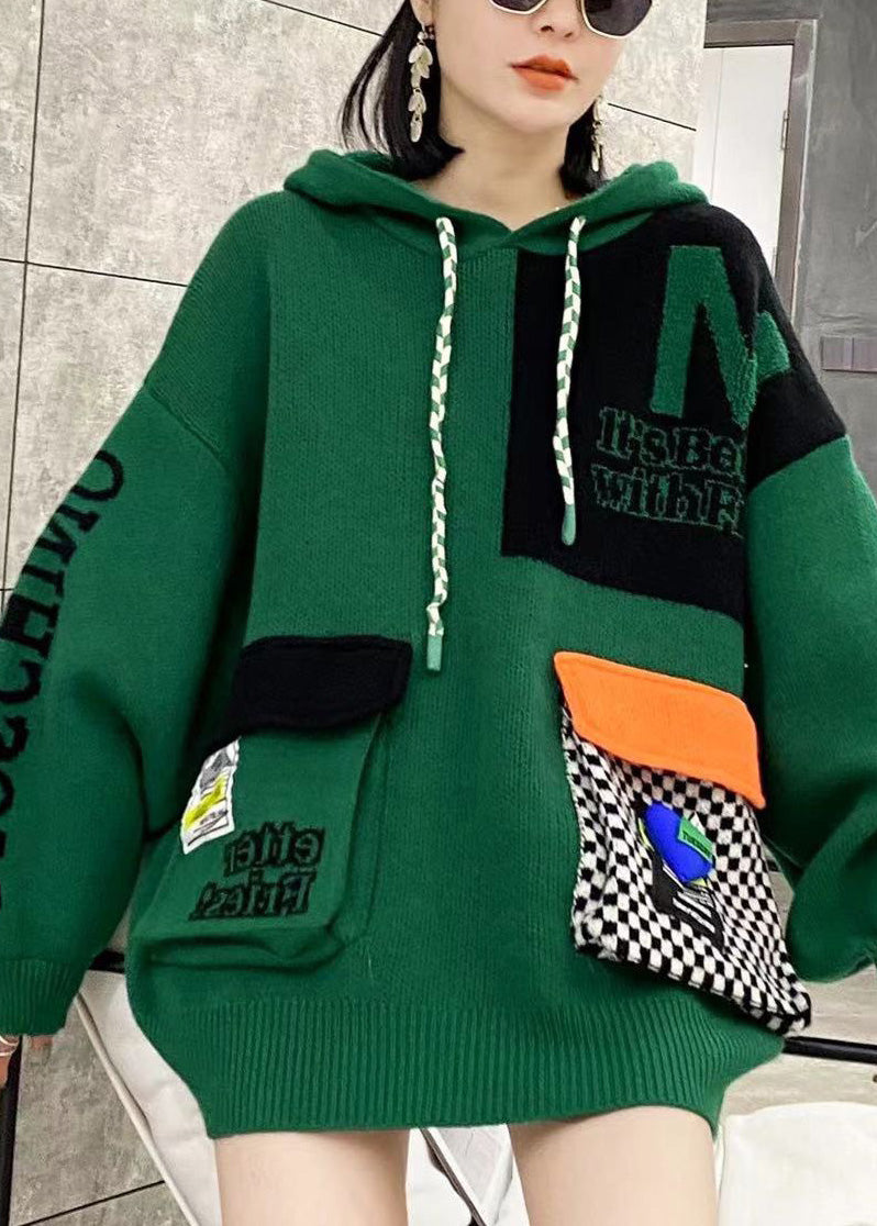 Green Hooded Pockets Patchwork Knit Pullover Spring