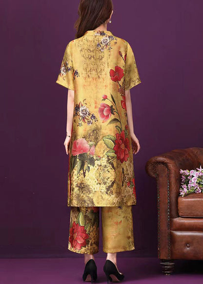 Yellow Stand Collar Pockets Print Silk Two Pieces Set Short Sleeve