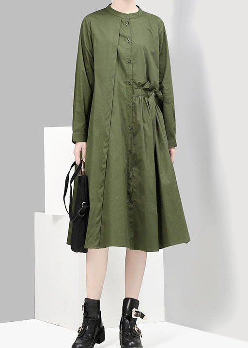 Green Button Asymmetrical Design Stand Collar Shirt Dresses Spring