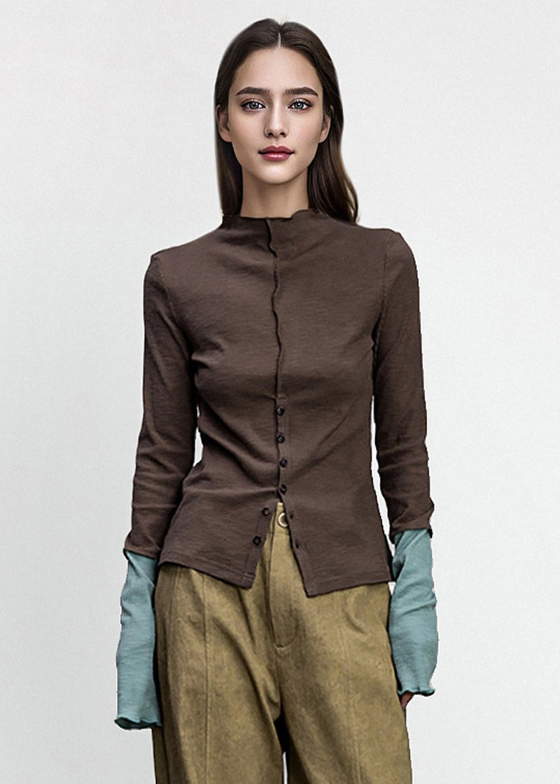 Brown Button Patchwork Cotton T Shirts Fall