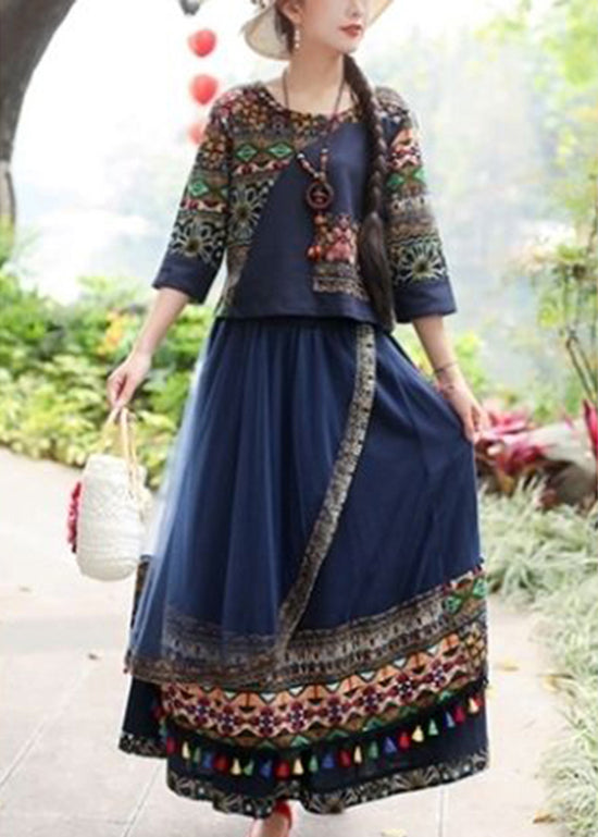 Blue O-neck Print Top Ang Skirts Two Piece Set Fall