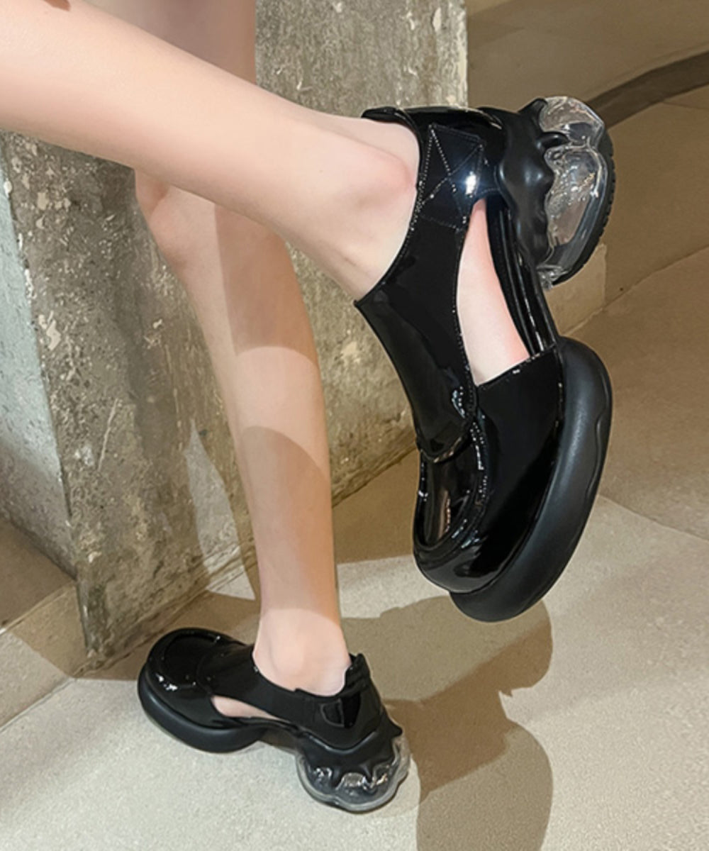 Black Cowhide Leather Platform Loafers Splicing Hollow Out