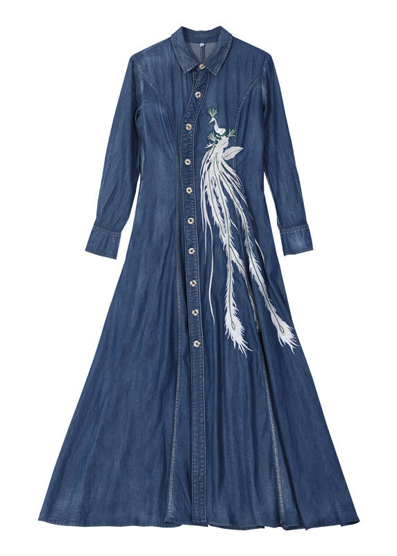 Slim Fit Blue Peter Pan Collar Button Waist Retraction Embroideried Cotton Denim Dresses Long Sleeve