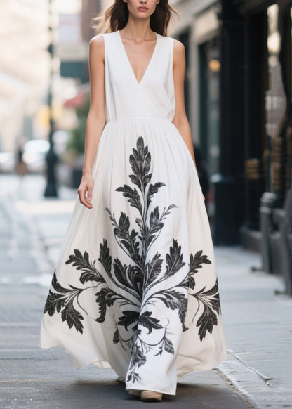White Print Chiffon Vacation Dress Exra Large Hem Summer