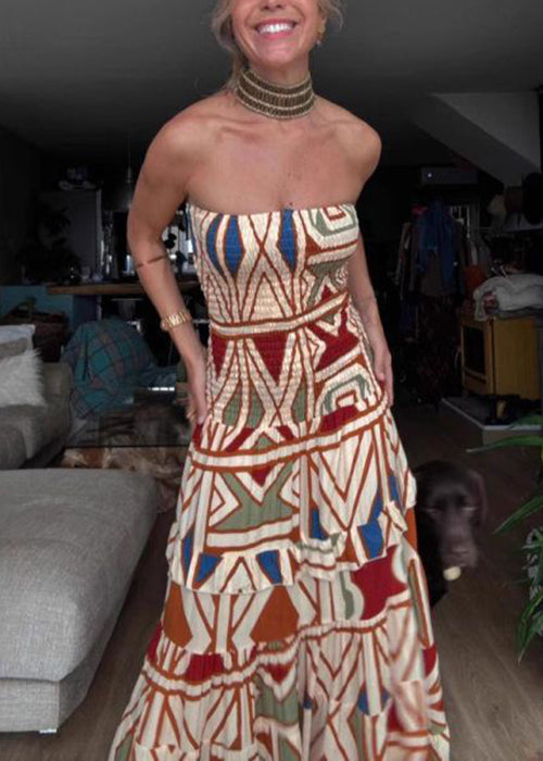 Print Cold Shoulder Patchwork Cotton Long Dress Sleeveless