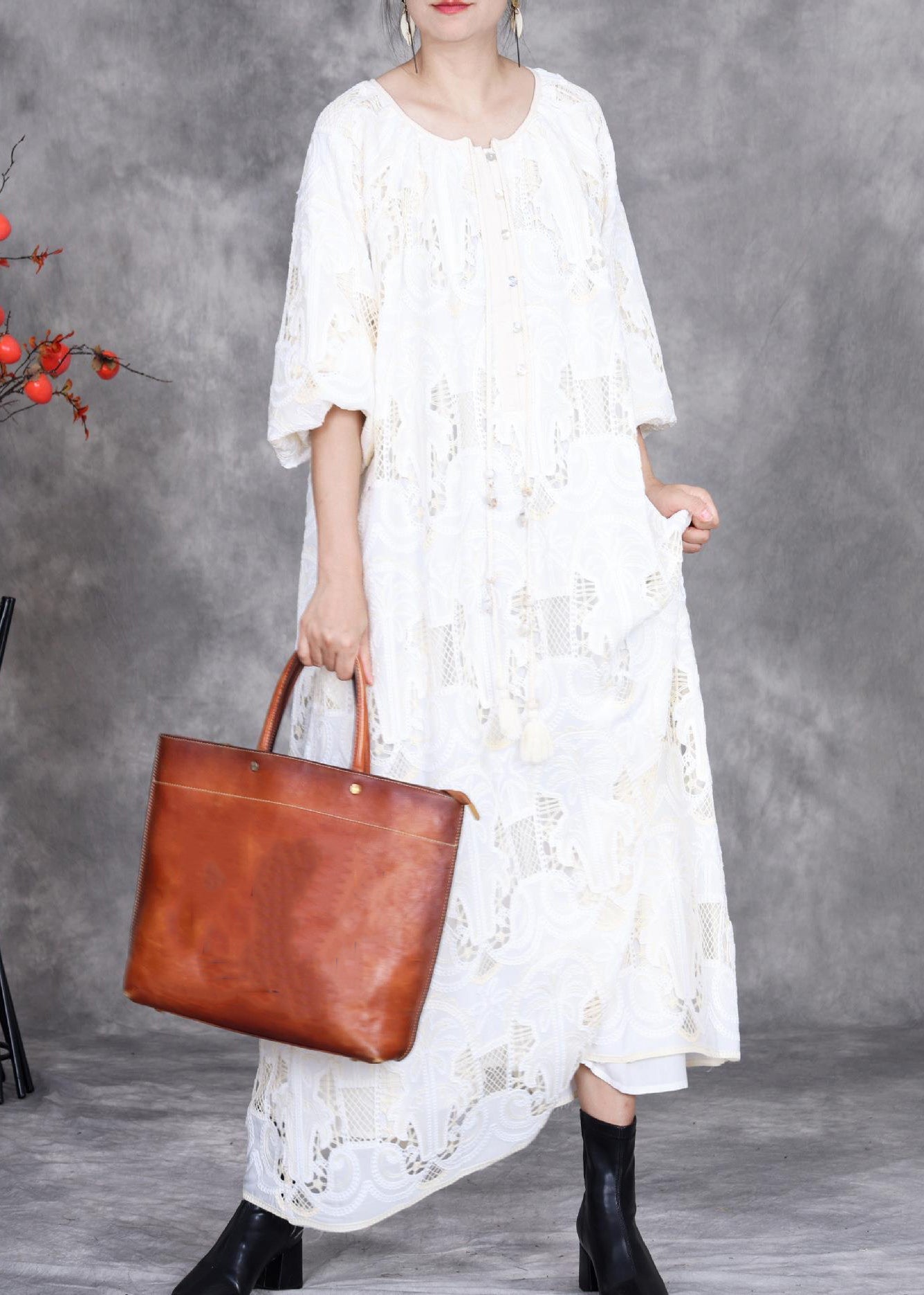 White Embroidered Hollow Out Long Dress Half Sleeve