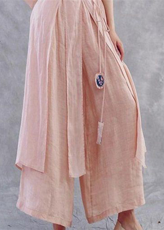 Pink Tie Waistasymmetrical Linen Wide Leg Pants Spring