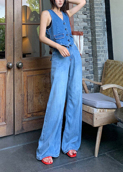 Blue Pockets High Waist Denim Pants Fall