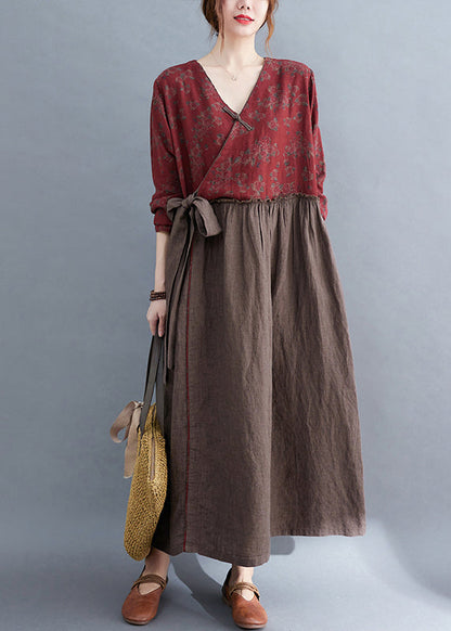 V Neck Tie Waist Ruffled Patchwork Print Linen Dress Long Sleeve