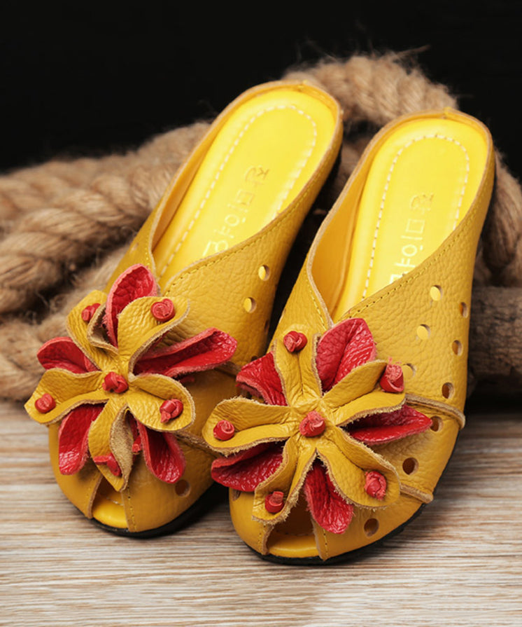 Yellow Flower Hollow Out Cowhide Leather Flip Flops
