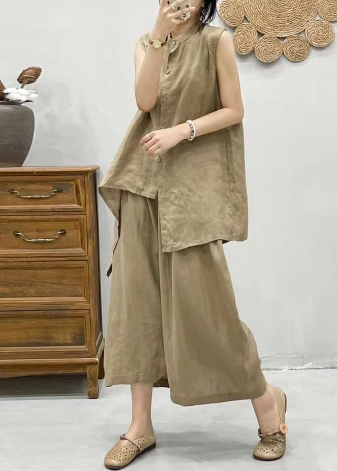 Coffee Stand Collar Asymmetrical Patchwork Linen Waistcoat and Crop Pants Two Pieces Set Summer