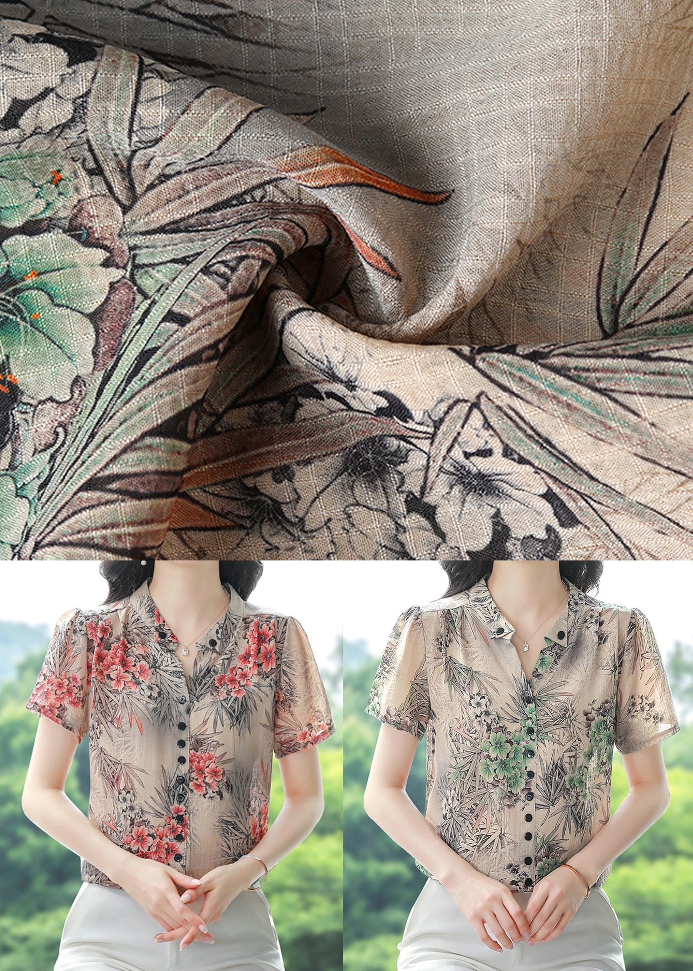 Red V Neck Print Chiffon Shirts Summer