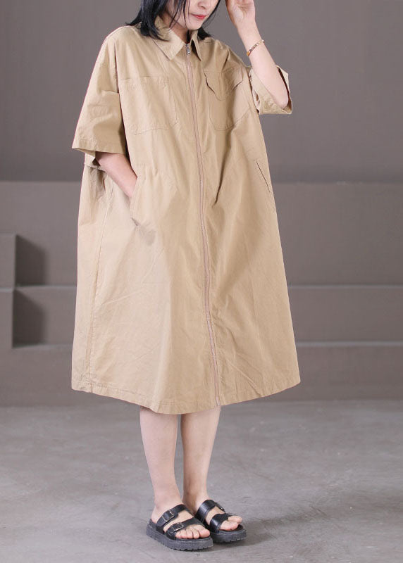 Classy Khaki Turn-down Collar Zip Up Pockets Cotton a Line Dress Summer