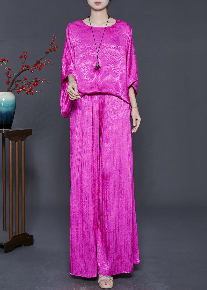 Rose Oversized Print Silk 2 Piece Outfit Batwing Sleeve