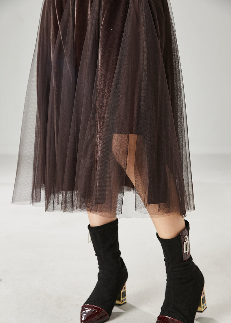 Brown Exra Large Hem Patchwork Tulle Silk Velvet Skirts Spring