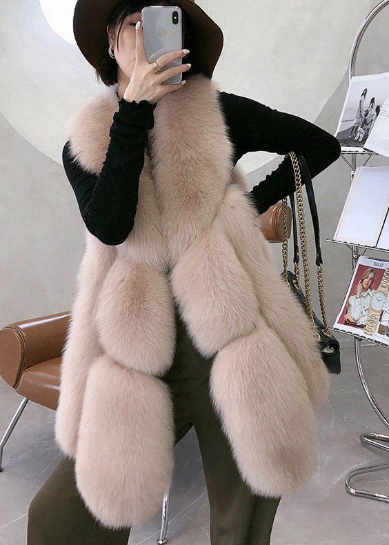 Apricot Fox Collar Patchwork Leather and Fur Waistcoat Winter