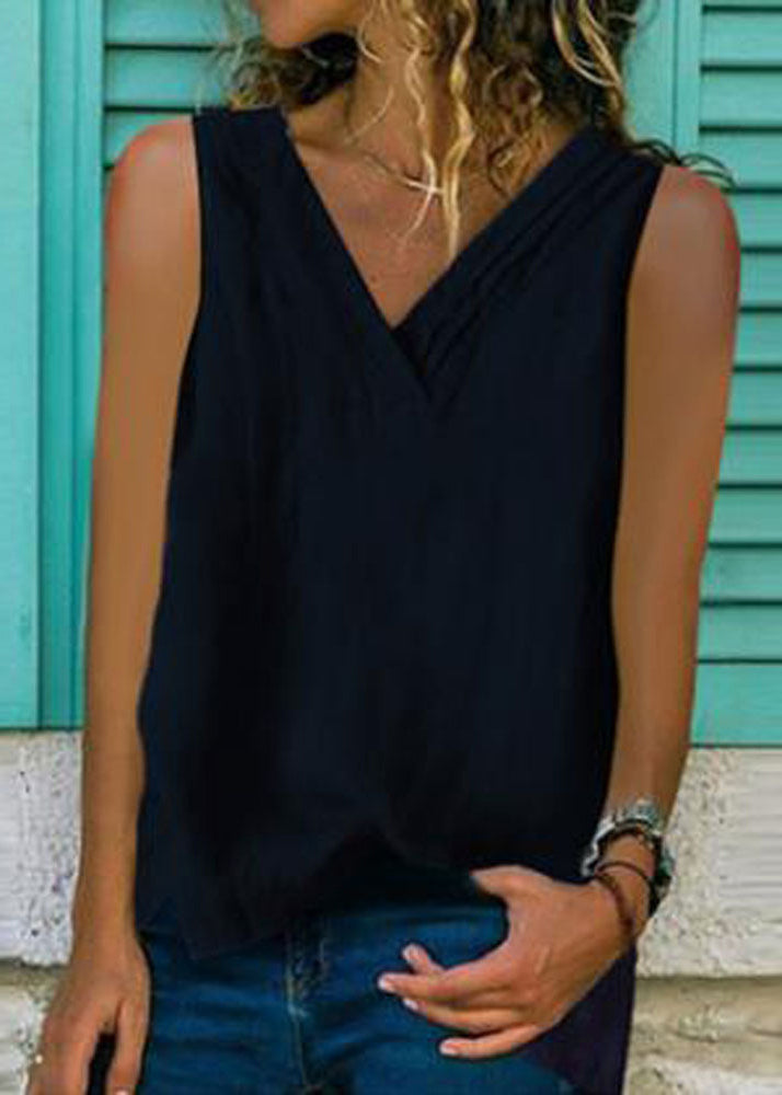 Loose White V Neck Cotton Top Sleeveless