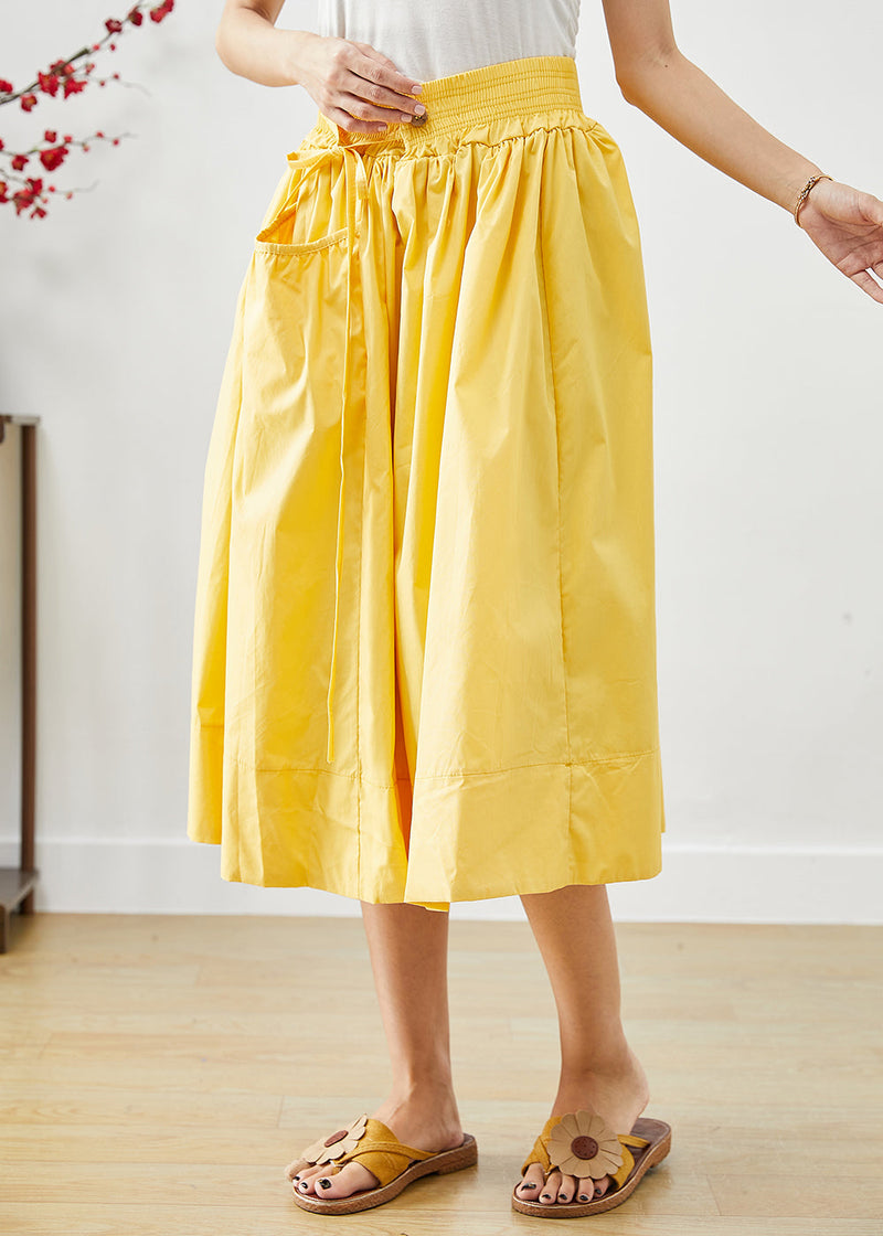 Yellow Elastic Waist Lace Up Cotton Skirts Fall