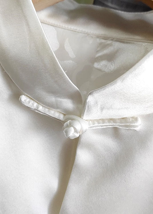 White Stand Collar Chinese Button Print Silk Tops Spring