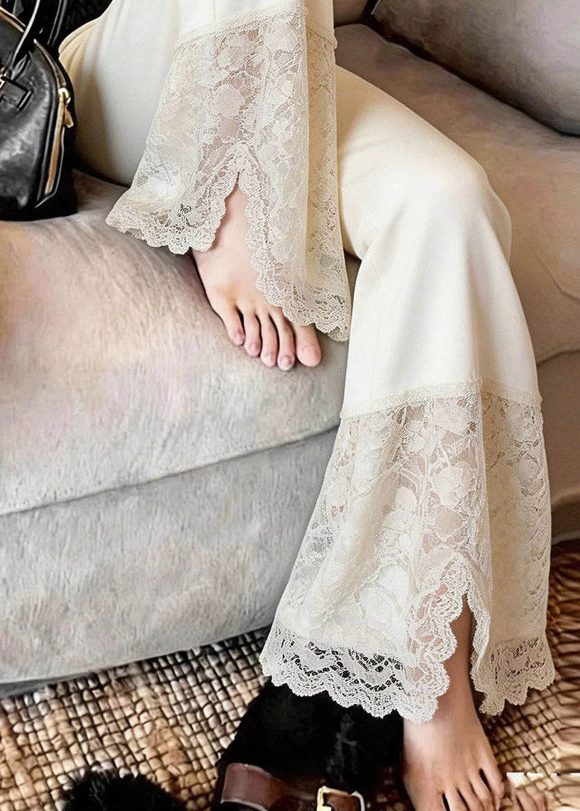 New Beige Lace Patchwork Side Open Straight Pants Summer