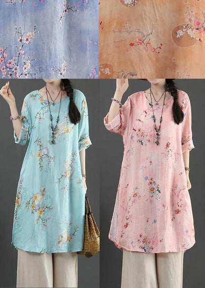 Style Purple Print Oriental Long Linen Shirt Top Summer