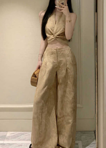 Original Design Halter Print Wrinkled Vest and Wide Leg Pants Two Pieces Set Sleeveless