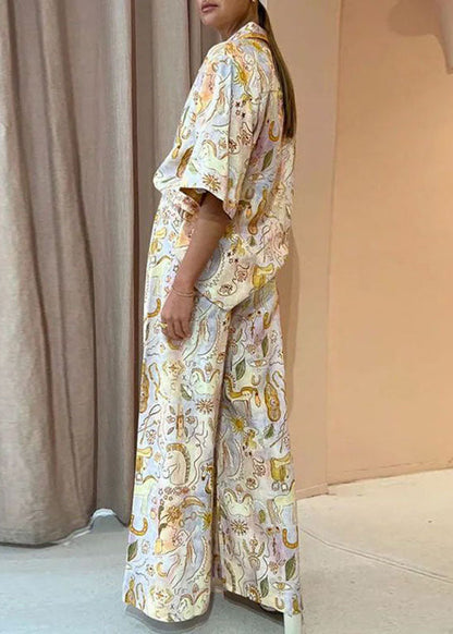 Print Shirts and Wide Leg Pants Two Pieces Set Summer
