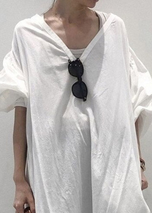 Retro White V Neck Cozy Cotton Maxi Dress Long Sleeve