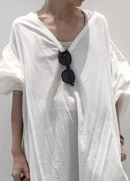 Retro White V Neck Cozy Cotton Maxi Dress Long Sleeve