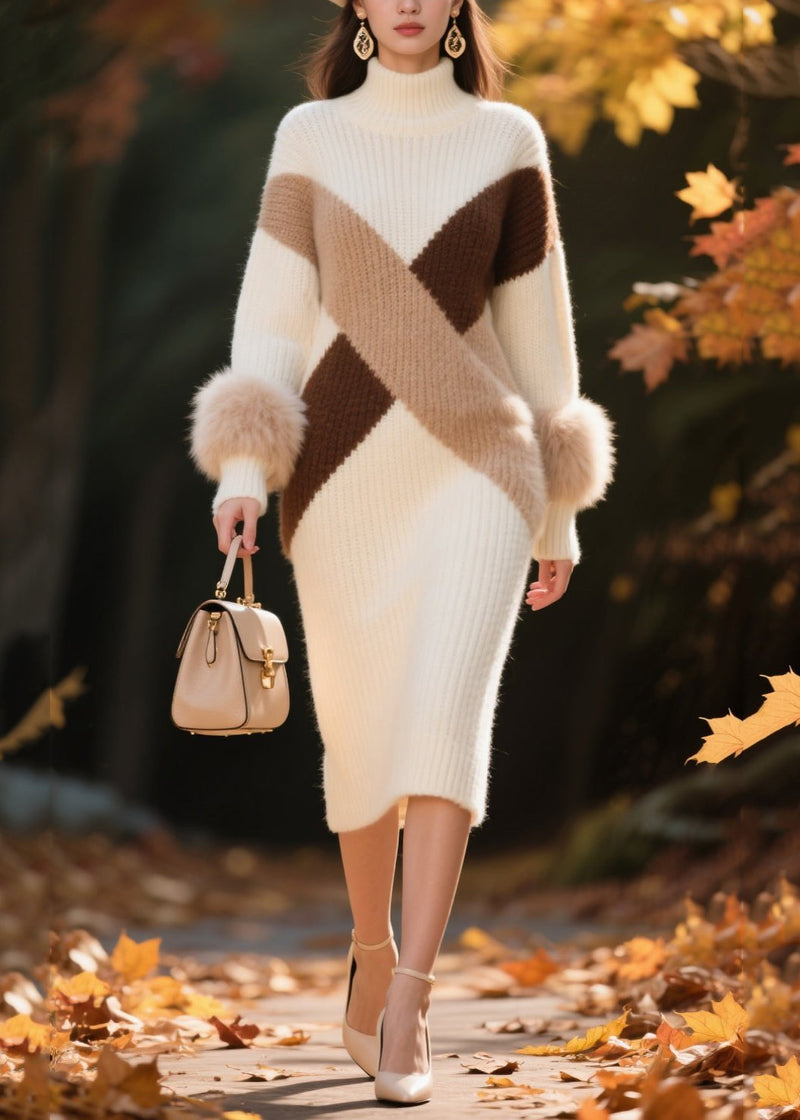 White Patchwork Faux Fur Knitwear Dress Turtle Neck Winter