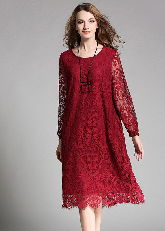Unique Red O-neck Hollow Out Lace Long Dress Long Sleeve