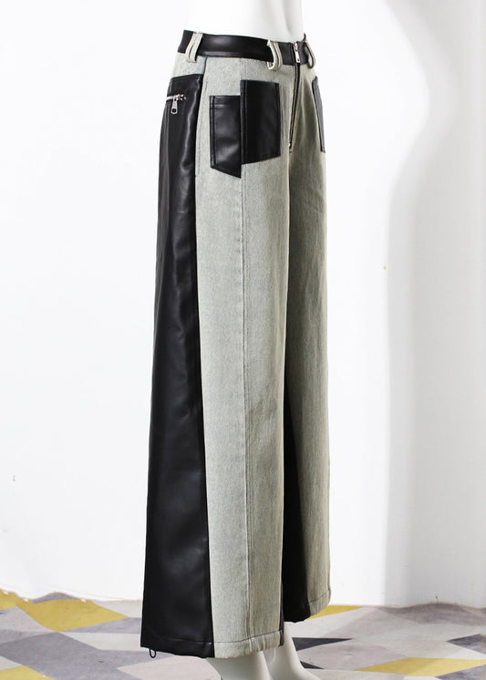 Pockets Faux Leather Patchwork Denim Wide Leg Pants Fall