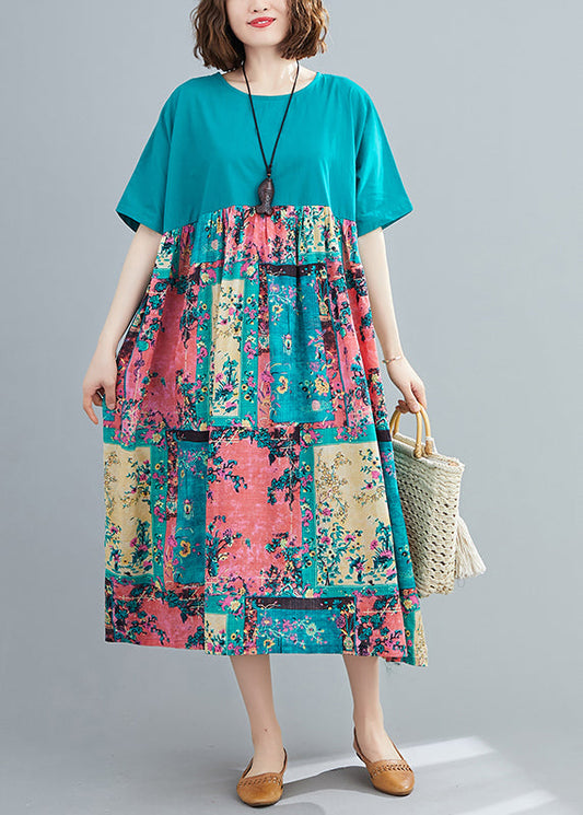 Green Print Extra Large Hem Dresses Wrinkled Short Sleeve