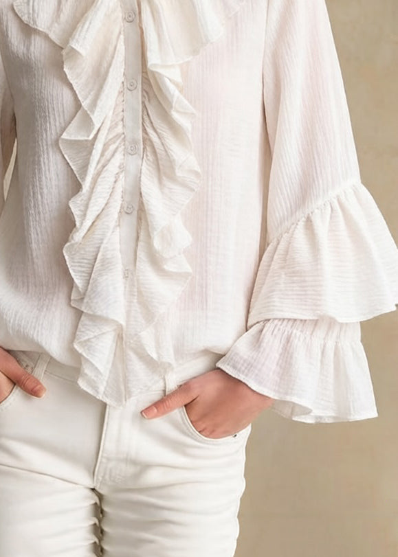 Apricot Stand Collar Ruffled Button Cotton Shirt Spring