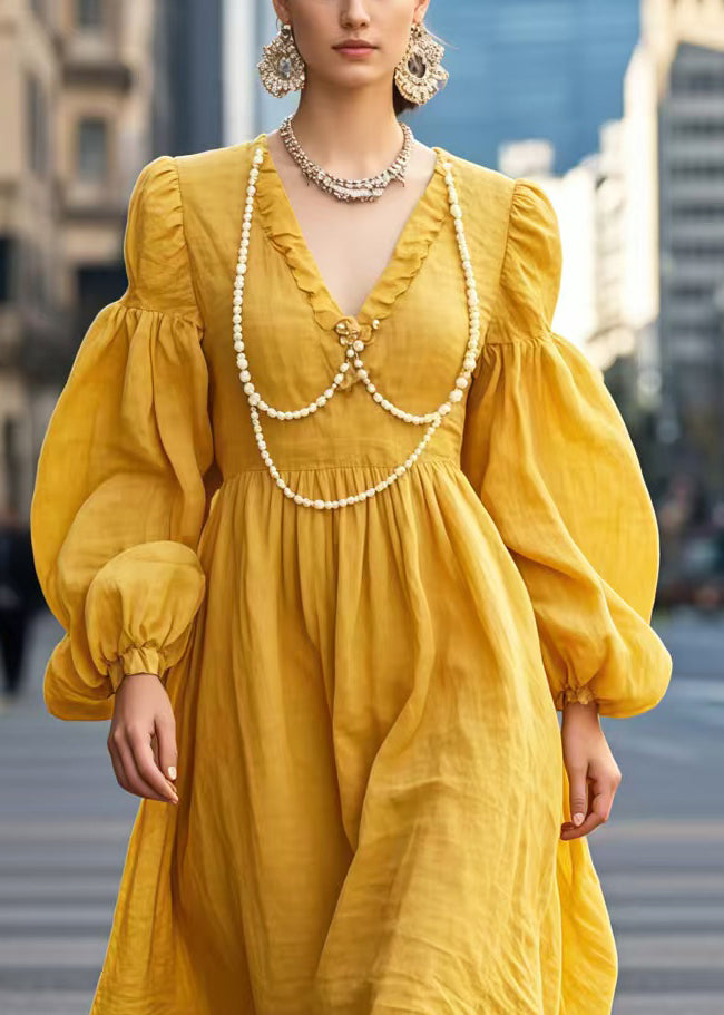 Yellow V Neck Nail Bead Cotton Long Dress Lantern Sleeve