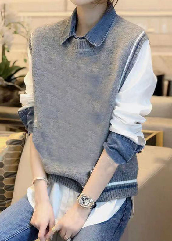 Grey Denim Patchwork Shirt and Vest Autumn New Two-piece Set