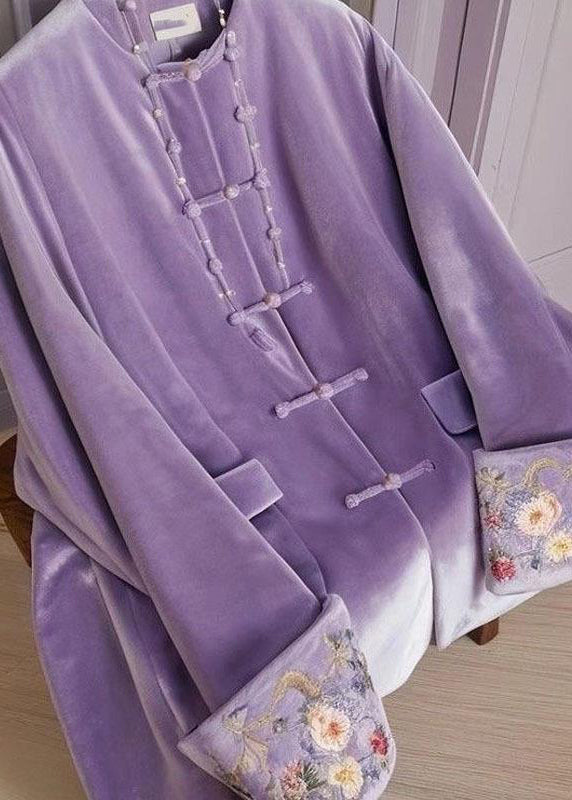 Chinese Style Purple O-neck Embroidered Button Silk Velour Tops Spring